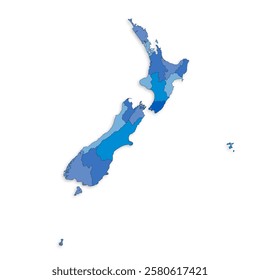 New Zealand map with border highlighted regions, states, isolated on white background. Template map of New Zealand. Detailed vector illustration.