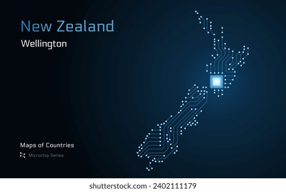 New Zealand Map with a capital of  Wellington Shown in a Microchip Pattern with processor. E-government. World Countries vector maps. Microchip Series
