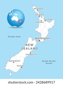 New Zealand map with capital Wellington, most important cities and national borders