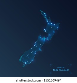 New Zealand map with cities. Luminous dots - neon lights on dark background. Vector illustration. 