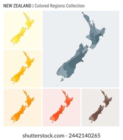 New Zealand map collection. Country shape with colored regions. Blue, Grey, Yellow, Amber, Orange, Deep Orange, Brown color palettes. Border of New Zealand with provinces for your infographic.