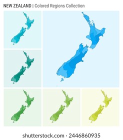 New Zealand map collection. Country shape with colored regions. Light Blue, Cyan, Teal, Green, Light Green, Lime color palettes. Border of New Zealand with provinces for your infographic.