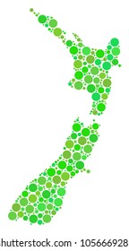 New Zealand Map composition of dots in different sizes and fresh green color tints. Vector circle elements are united into new zealand map composition. Organic vector illustration.