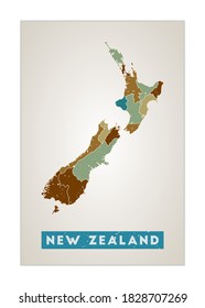 New Zealand map. Country poster with regions. Old grunge texture. Shape of New Zealand with country name. Elegant vector illustration.