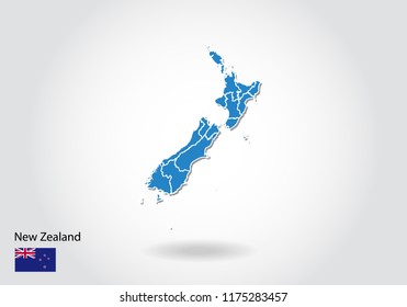 New Zealand map design with 3D style. Blue New Zealand map and National flag. Simple vector map with contour, shape, outline, on white.