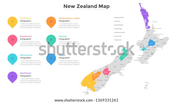 New Zealand map divided into regions. Territory\
of country with regional borders, territorial division indication.\
Modern infographic design template. Flat vector illustration for\
touristic brochure.
