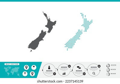 New Zealand map of dots gray and green for presentation. Set couple pixel creative concept for infographic.