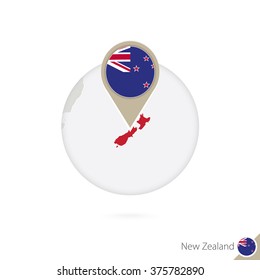 New Zealand map and flag in circle. Map of New Zealand, New Zealand flag pin. Map of New Zealand in the style of the globe. Vector Illustration.