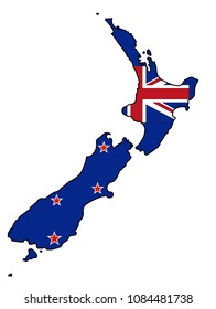 A New Zealand map with a flag design inside isolated on a white background