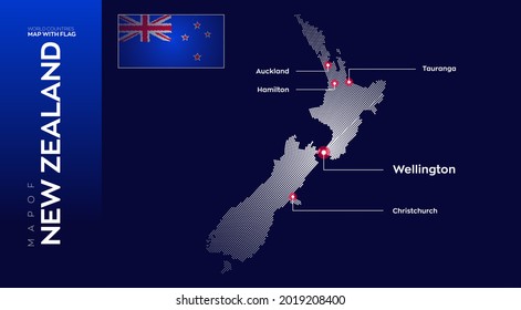New Zealand map with flag info graphic. Abstract vector map of New Zealand with capital and major cities. Dots composition map on dark background.
