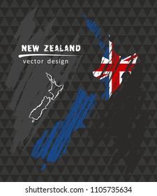 New Zealand map with flag inside on the black background. Chalk sketch vector illustration