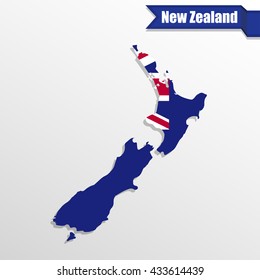 New Zealand map with flag inside and ribbon