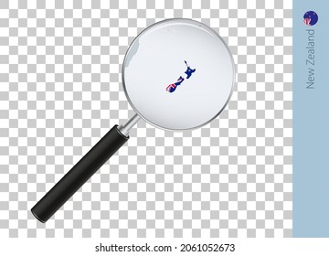 New Zealand map with flag in magnifying glass on transparent background. Vector loupe with map.
