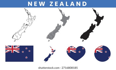 New Zealand Map and Flag Vector Set with Regional Outline