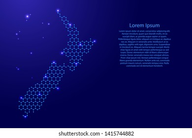 New Zealand map from futuristic hexagonal shapes, lines, points  blue and glowing stars in nodes, form of honeycomb or molecular structure for banner, poster, greeting card. Vector illustration.
