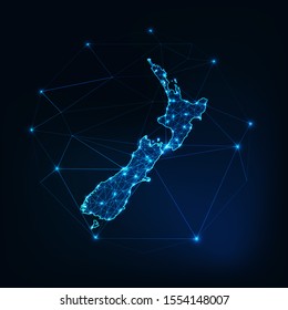 New Zealand map glowing silhouette outline made of stars lines dots triangles, low polygonal shapes. Communication, internet technologies concept. Wireframe futuristic design. Vector illustration.