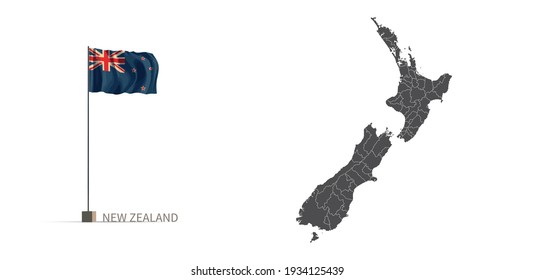 New Zealand map. gray national vector map, and flag 3d illustration.