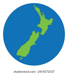 New Zealand map. Map of New Zealand in green color in globe design with blue circle color.