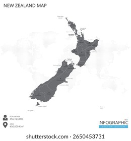 New Zealand map high detailed with regions and cities of the country on white background. Vector illustration EPS10.