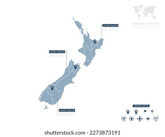 New Zealand map of infographic blue Navigator pin location checking communication information plan position.