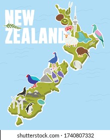 New Zealand Map with landmarks and icons. Hand drawn vector illustration. Cartoon style. Bold and fun.