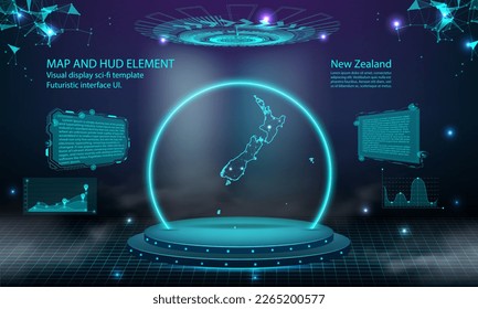 new Zealand map light connecting effect background. abstract digital technology UI, GUI, futuristic HUD Virtual Interface with new Zealand map. Stage futuristic podium in fog.