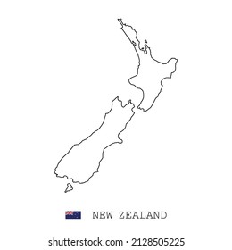 New Zealand map line, linear thin vector simple outline and flag. Black on white background