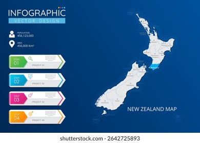 New Zealand map with location pointer marks. High detailed country map with division, cities and capital infographic template. Vector illustration EPS10