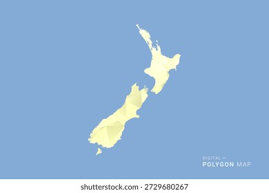 Mapa de la Nueva Zelanda en estilo de Vector de polígono bajo, ilustración de forma geométrica con tonos amarillos suaves sobre fondo azul, silueta limpia para infografía.