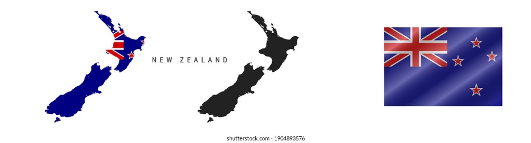 New Zealand. Map with masked flag. Detailed silhouette. Waving flag. Vector illustration isolated on white.