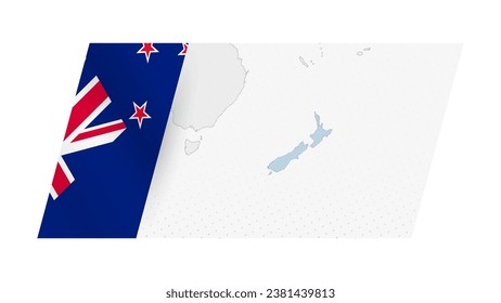 New Zealand map in modern style with flag of New Zealand on left side. Vector illustration of a map.