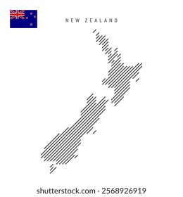 New Zealand map from pattern of black slanted parallel lines. Kiwi map with gray diagonal lines. Silhouette of a country made of oblique hatching. Vector illustration isolated on white.