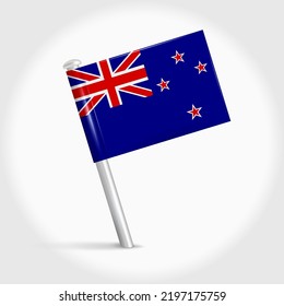 New Zealand map pin flag icon. Kiwi pennant map marker on a metal needle. 3D realistic vector illustration.
