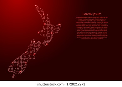 New Zealand map from red pattern from composed puzzles and glowing space stars. Vector illustration.