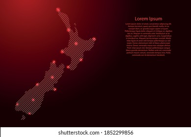 New Zealand map from red pattern slanted parallel lines and glowing space stars grid. Vector illustration.
