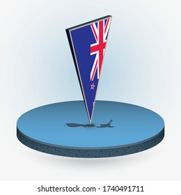 New Zealand map in round isometric style with triangular 3D flag of New Zealand, vector map in blue color. 