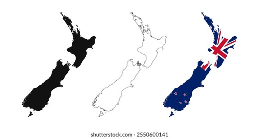 Mapa de la Nueva Zelanda sobre fondo blanco. Mapa de la Nueva Zelanda con bandera, mapa negro y mapa esquemático.