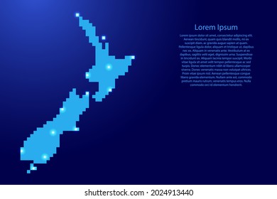 Nueva Zelanda mapea la silueta desde píxeles cuadrados azules y estrellas brillantes. Ilustración vectorial.