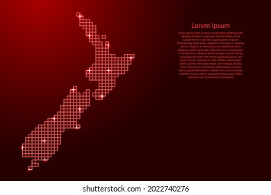 New Zealand map silhouette from red mosaic structure squares and glowing stars. Vector illustration.