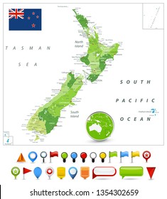 New Zealand Map Spot Green Golors and map icons. Detailed Administrative Map of New Zealand. Vector illustration.