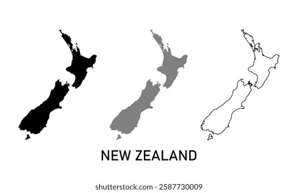 New zealand map in various style outline, black, and gray