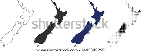 New zealand map in various style outline, black, blue, and dotted