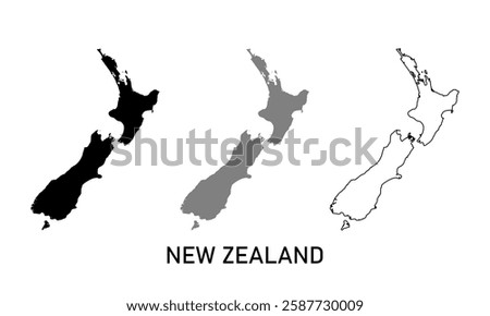 New zealand map in various style outline, black, and gray