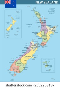 New Zealand Map Vector New 2024 Colorful - Customizable layered political map of New Zealand with administrative divisions for website, education, reports, news, politics, print, poster and wallpaper