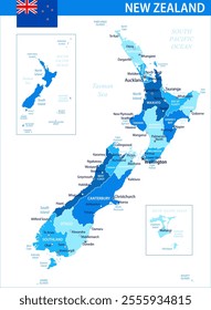 New Zealand Map Vector Blue Spot - Customizable layered political map of New Zealand with administrative divisions for website, education, reports, news, politics, print, poster and wallpaper