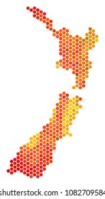 New Zealand map. Vector hex tile geographic plan drawn with fire color hues. Abstract New Zealand map concept is constructed of fired honeycomb spots.
