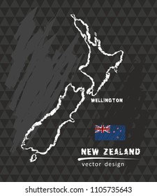 New Zealand map, vector pen drawing on black background