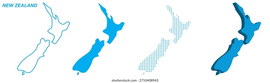 New Zealand Map Vector Set, Oceania Outline Silhouette Dotted 3D Solid Shapes, New Zealand Country Infographic Template, Editable EPS New Zealand Geography