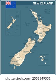 New Zealand Map Vector Vintage Dark Blue Beige - Customizable layered political map of New Zealand with administrative divisions for website, education, reports, news, politics, print, poster and wall