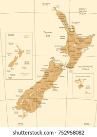 New Zealand Map - Vintage Detailed Vector Illustration